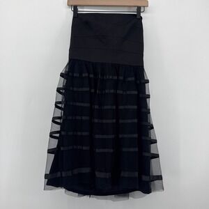 Vera Wang Black Illusion Stripe Strapless Tulle Ribbon Cocktail Midi Dress‎ SZ 6